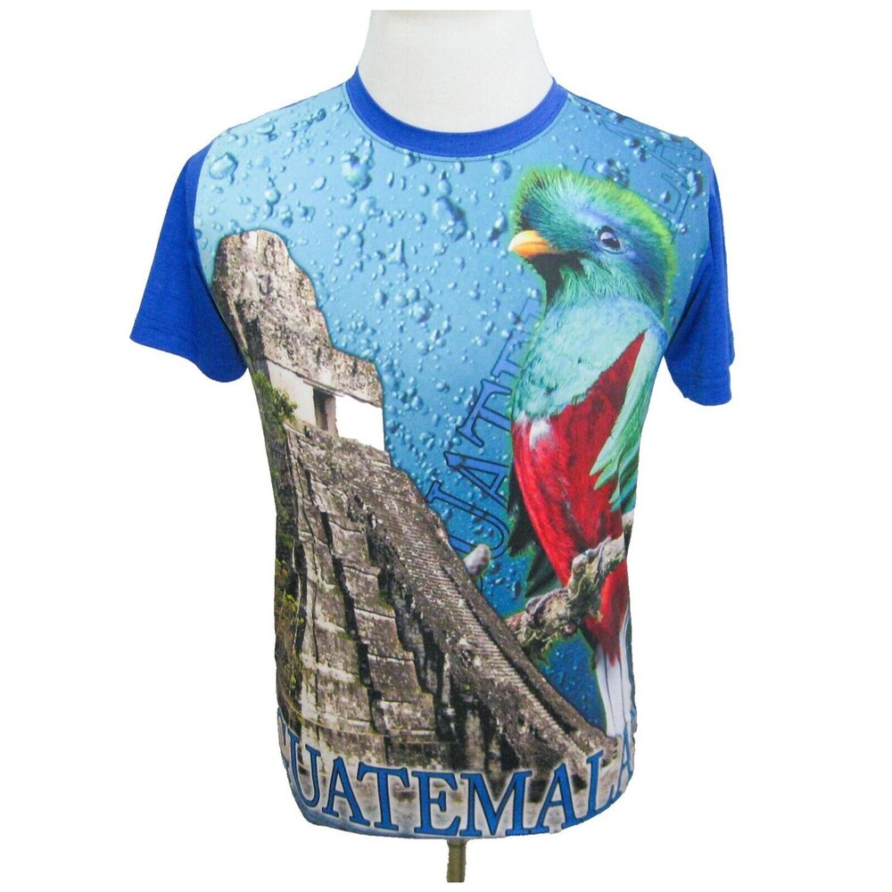 GUATEMALA Men's (Size Small) Blue 3D Tropical Bird Mayan Pyramid Travel T-Shirt